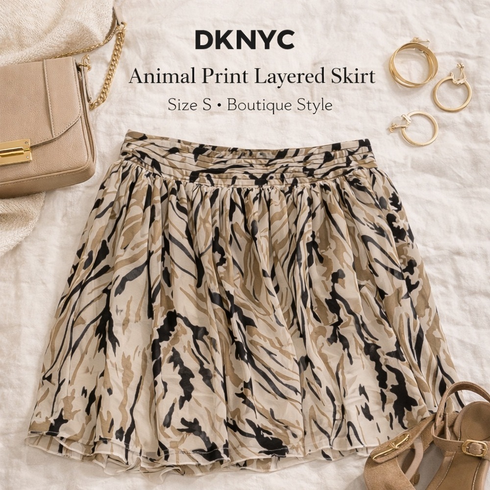 DKNYC Skirt Sheer Animal Print Flowy • Neutral Taupe/Black • Lined • Size S